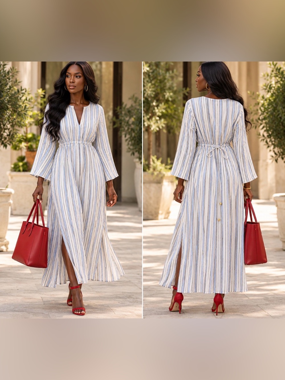 Claridge + King Blue & White Striped Linen Blend Maxi Dress M